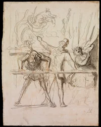 La Parade - The Side-Show - Daumier, Honore (1808-1879) - 1865 - Giz preto, aquarela sobre papel - 39,8x30,4 - Szepmuveszeti Muzeum, Budapeste