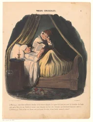 Homem lendo na cama com sua esposa ao lado dele Hábitos de casamento (título da série) Moeurs conjugales (título da série no objeto)