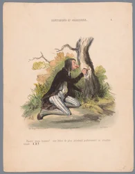 O homem esculpe as iniciais numa casca de árvore
Pauvre jeune homme! (...) (título sobre o objecto)
Paixões e sentimentos (título da série)
Sentimentos e paixões (título da série sobre o objecto)