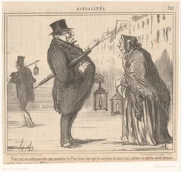 Monsieur Prudhomme en een oude vrouw coloca lantaarn em um guarda-chuva Precaução essencial que os parisienses tomam ao sair de casa (...) (título no objeto) Notícias (título da série) Notícias (título da série no objeto)