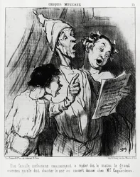 Esboços musicais: uma família melomaníaca começa a repetir pela manhã a grande canção que tinham de cantar à noite no concerto dado ao Sr. Coquardeau. Illustration d