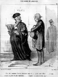 Meu caro senhor, é absolutamente impossível para mim agradar ao seu negócio... você sente falta das peças mais importantes... (à parte) as moedas!.... da série "Gens de Justice", de Honore Daumier (1808-1879). "Charivari"...