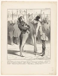 Robert-Macaire em conversa com Bertrand em frente da montra de uma gráfica
Caricaturana (título da série sobre o objecto)
