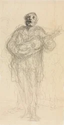 Guitarrista de canto reto, mulher reclinada, apoiando-se no verso do braço, 185560.