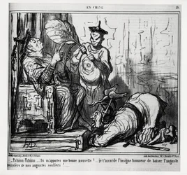 Tchim-tchim... Traz-me boas notícias! Concedo-lhe a grande honra de beijar o augusto pó dos meus augustos sapatos. Da série Na China, ilustração de Honoré Daumier (1808-1879), publicada no Le Charivari, datada de 7 de dezembro