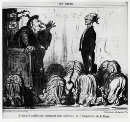 O enviado americano recebe uma audiência do Imperador da China. Na serie En Chine, ilustração de Honore Daumier (1808-1879), publicada em "Charivari", datada de 21 de outubro