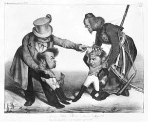 A Guerra Civil em Portugal pondo em conflito Pedro I (1798-1834) Imperador do Brasil e Rei de Portugal e Dom Miguel (1802-66), de &39;La Caricature&39;, N 140, 1832-34