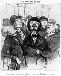 Os parisienses em 1852 examinam o novo teto pintado por Delacroix no Louvre, retirado de "Pinturas e Salões", série de caricaturas de Honore Daumier (1808-1879). "Charivari".