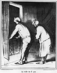 Véspera de 13 de junho..., desenho animado por Honore Daumier (1808-1879). "Charivari".