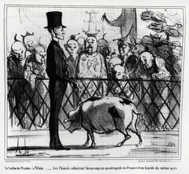 O jardim das plantas em Pequim: os chineses admirando uma quadruplicação da França e um sinal sonoro do mesmo país. Ilustração de Honore Daumier (1808-1879), publicada em "Charivari", China Actualites
