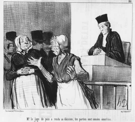 A justiça da paz tomou a sua decisão, as partes devem ser reconciliadas..., cartoon de Honore Daumier (1808-1879). "Charivari".