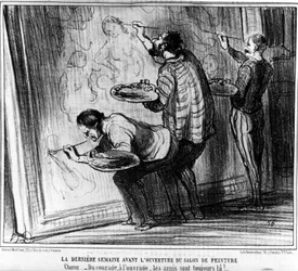 Na última semana antes da inauguração do Salon de Peinture. Dureza - Da coragem ao trabalho, os amigos estão sempre lá!... , retirado de "Pinturas e Salões", série de desenhos animados de Honore Daumier (1808-1879). "Charivari".