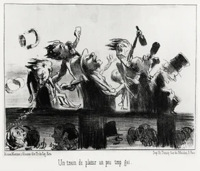 Un train de plaisir un peu trop gai, na série Les chemins de fer, ilustração de Honore Daumier (1808-1879), publicada em "Charivari", datada de 20 de Agosto de 1852.