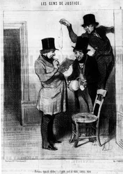 Apreendemos dito... um pote de água, sem água..., retirado do "Gens de Justice", série de desenhos animados sobre Justiça de Honore Daumier (1808-1879). "Charivari".