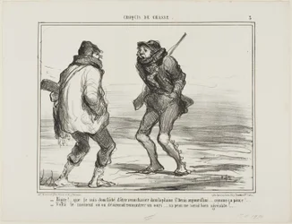 "- Brrrr! Estou furioso por ter vindo caçar em St. Denis-Plain. Denis-Plain. Está demasiado frio!... - É um daqueles dias em que se gostaria de apanhar um urso. O seu pelo seria mais do que bem-vindo neste momento!", chapa 3 de Croquis de Chasse