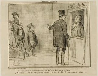 "- Mas disse-me que não são permitidas crianças nesta casa... - Senhor, não são crianças... são os filhos do proprietário!...", chapa 23 de Croquis Parisiens, - par Daumier