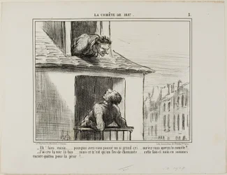 "- Olá, vizinho... que gritaria foi esta... viste o cometa - Pensei que o tinha visto ali... mas depois era apenas o fogo de uma chaminé... desta vez escapámos sem mais do que um susto", chapa 3 de La Cométe De 1857