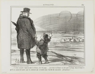 "- Quero ir imediatamente para este barco contigo, papá, a minha ama disse que o dilúvio vai voltar e que os únicos que se salvarão serão os animais da arca do Sr. Leviatã!", placa 484 de Actualités
