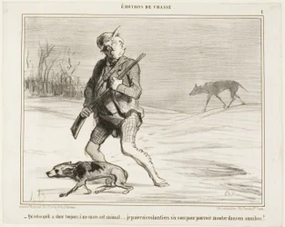 "- Pergunto-me porque é que esta besta me segue a toda a hora... Pagarei de bom grado 6 sous para entrar num autocarro", placa 1 de Émotions De Chasse