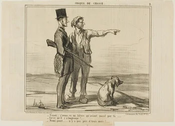 "- Oiçam... Eu vi uma lebre ali... - Foi há muito tempo - Não... foi há menos de três meses...", placa 2 do Croquis de Chasse
