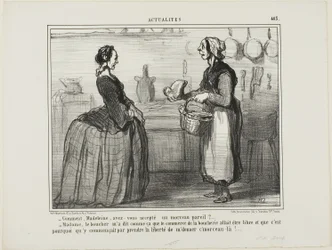 "- Madeleine, como é que pudeste aceitar um pedaço de carne como este - Madame, o talhante disse-me que o comércio da carne será gratuito, por isso tomou a liberdade de me dar este pedaço", placa 463 de Actualités
