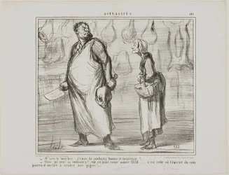 "- Senhor talhante, desejo-lhe um feliz e saudável Ano Novo... - O quê Vai ser um bom ano, este 1858... todas as mercearias da esquina vão poder vender o meu carneiro!...", placa 481 de Actualités
