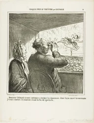 "- Sr. Colimard, se não parar imediatamente de olhar para as bailarinas de forma tão indecorosa, levá-lo-ei para casa antes do fim do espetáculo!", chapa 4 de Croquis Pris Au Théatre par Daumier