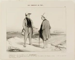 "- Como assim, em breve haverá comboios aéreos - Mas é claro, Monsieur... como vê, será então muito fácil estabelecer uma ligação entre Dover e Calais... mas é claro que o projeto ainda está suspenso no ar", placa 14 de The Railr