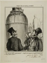 "- Sim... é a isto que eu chamo um trabalho esplêndido.... e por apenas cinco sous por quilo... o seu dinheiro vale mesmo a pena!", prato 7 de Croquis Pris Au Salon par Daumier