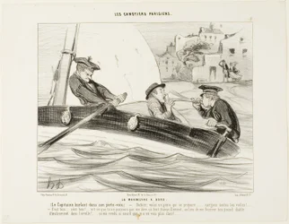 Uma manobra de barco. O capitão grita com o seu trompete: "- Gabier! Está a formar-se uma tempestade, preparem-se! ..... Içar todas as velas!... Isso é bom:.... muito bom! - Porque é que não me disse isso calmamente em vez de me espetar esse instrumento en