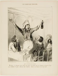 Um último brinde! "Cavalheiros, não regressemos a bordo sem um último brinde em honra das duas coisas que, acima de tudo, dão encanto às nossas vidas... brindemos às senhoras e à vitela fria!", prato 18 de Les Canotiers Parisiens