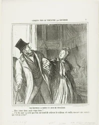 Um mal-entendido no Odeon, num dia de drama. "- Vamos lá, vamos lá! - Estou a dizer-vos que ainda não acabou. O pano voltou a subir e ainda há Roman no palco", chapa 4 de Croquis Pris Au Théatre par Daumier
