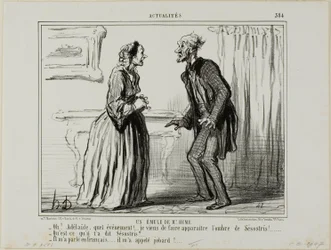 Um Rival do Sr. Hume. "- Oh Adelaide, que experiência.... Acabei de fazer aparecer a sombra de Sesóstris à minha frente! - E o que é que Sesostris lhe disse - Falou comigo em francês... e chamou-me caneca!", placa 384 de Actualités