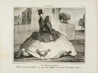 Um erro desculpável. Galinhas que pensam ter encontrado a gaiola onde passaram a sua primeira infância, placa 21 de La Crinolomanie
