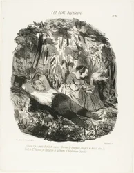 A 30°C, feliz daquele que consegue escapar e dormir a sesta na floresta de Saint-Germain acompanhado da sua mulher e de alguns lagartos, placa 27 de Les Bons Bourgeois
