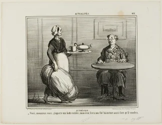 Chá de ervas. "Aqui está, Monsieur, pensei em trazer o pacote inteiro de feno para que possa decidir por si mesmo a intensidade do seu chá", placa 416 de Actualités
