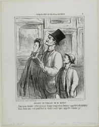 Olhando para o quadro de Manet. "- Porque raio se chama Olímpia a esta mulher gorda e ruiva de camisa de noite - Mas, minha querida, talvez seja esse o nome do gato preto", placa 9 de Croquis Pris Au Salon par Daumier