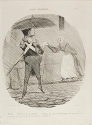 "Monsieur, Monsieur, aqui está o seu lenço. A Madame pôs-lhe água-de-colónia e disse que devia perguntar na Guarda se lhe podiam dar um aquecedor de pés", placa 47 de Moeurs Conjugales