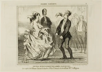 Novo entretenimento nas festas parisienses. O espírito do Sr. Hume a rapar a barba do Sr. de St. Potard e a desfazer o cabelo da Sra. Coffignon, placa 8 de Ces Bons Parisiens