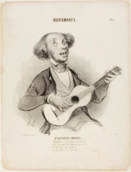 O guitarrista amador. Desafiando os bocejos de todos, Enquanto canta seu verso insignificante, Ele cantaria uma canção de salão, Sobre as ruínas do universo...", prato 4 de Monomanes