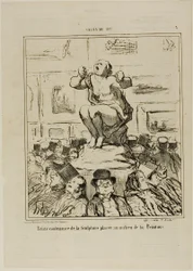 O desprazer de uma escultura colocada no meio de uma exposição de pinturas, placa 5 do Salon de 1857