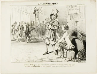 Os Mountebanks. "- Oh Sr. Bilboquet, estamos fartos... estes palhaços vão roubar-nos o espetáculo! Não te preocupes, Gringaillet, eles não são concorrência, são apenas comediantes!" de Les Saltimbanques