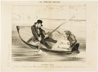 O marinheiro principiante. "Diabo... remar é muito mais difícil do que eu pensava! E para me divertir de verdade, prefiro ficar com ervilhas...", placa 19 de Les Canotiers Parisiens