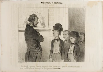 Os alunos do Instituto Pascareau estão a experimentar o seu novo uniforme escolar que os faz parecer um pouco com o grande Napoleão e muito com os pequenos jornalistas, placa 25 de Professeurs Et Moutards