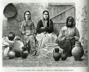 Cristãos, traficantes de petróleo em Jerusalém. Gravura de H. Chapuis, para ilustrar La Syria d