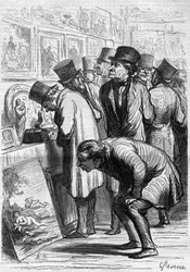 Um quarto do Hotel Drouot, um dia de exposição. Desenho animado de Honore Daumier (1808-1879). Gravura em "Le Monde Illustré" n°265 de 10 de Maio de 1862.