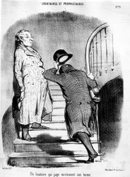 Um inquilino que paga exactamente o seu termo, retirado de "Tenants et Owners", série de desenhos animados de Honore Daumier (1808-1879). "Charivari".
