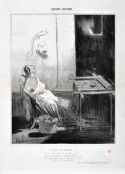 Obra de Honore Daumier (1808-1879) Charivari data de 1842: Serie HISTÓRIA ANCIE As Noites de Penélope "De seu spooux ausente o perfil adorável, Para sempre a seus olhos doces brilhou como uma estrela A fim de tecer três anos e sua astúcia e sua tela Ele