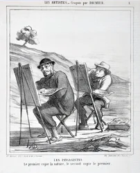 Obra de Honore Daumier (1808-1879). Charivari data de 1865: Serie LES ARTISTS Les paysagistes. "A primeira cópia natureza, a segunda cópia a primeira" MUSEE DES BEAUTS ARTS - PALAIS LONGCHAMP, MARSEILLE