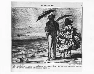 Nos banhos de mar: Parisienses junto ao mar numa chuva torrencial - por Daumier, em "Charivari" de 19/09/1859.